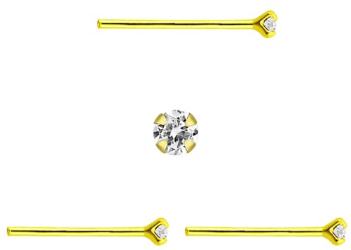 DENI 3 x Nasenstecker, gerader Stiel, goldfarben, runder Zirkonia-Stein, beeindruckender Glanz, sehr klein, 1 mm, dünner Stab 0,6 mm