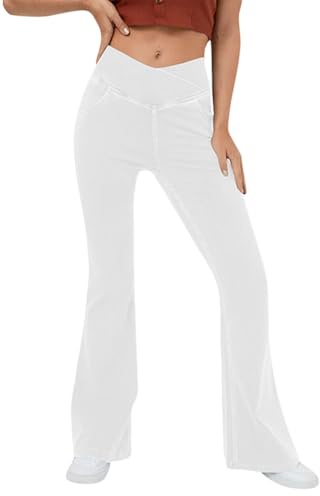 shownicer Jean Femme Taille Elastique Bootcut Jeans Taille Haute Jeggings avec Poches Flared Pantalon Denim Leggings Évasé Jambe Large Stretch Jean A Blanc XL