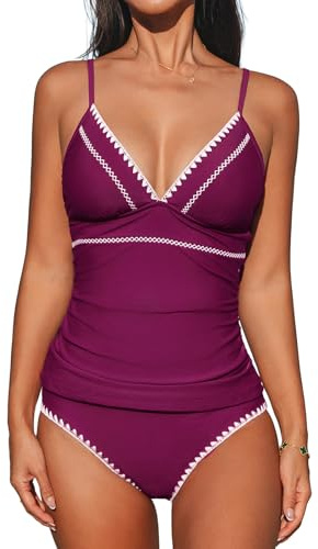 CUPSHE Conjunto de tankini para mujer, traje de baño de dos piezas, cuello en V, fruncido, con costuras de concha, tirantes ajustables, fucsia, S