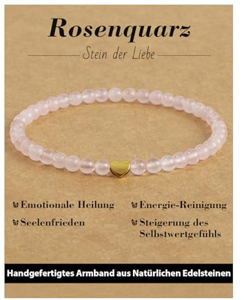 Landorilo Bracciale da Donna, Pietra Naturale da 4 mm con Perline D'amore Placcate Oro 925, Bracciali Yoga di Cristallo, Regalo di Natale, Compleanno, Anniversario(Quarzo Rosa)