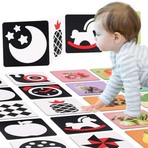Aolso Flash Cards Giochi Neonato, 80 Pezzi 160 pagine Carte ad Alto Contrasto Bambini Flashcards Neonati Stimolazione Sensoriale Visiva, Colorato Bianco e Nero Carta Flash per Neonati 0 3 6 12 36 Mesi