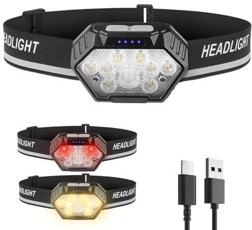 Victoper Linterna Frontal LED Recargable 1500mAh con Sensor, 9 LED Inclinación 45°, 4 Modos con Luz Roja, IPX4 Impermeable, Cinta Ajustable para Correr de Noche Senderismo Camping Pesca