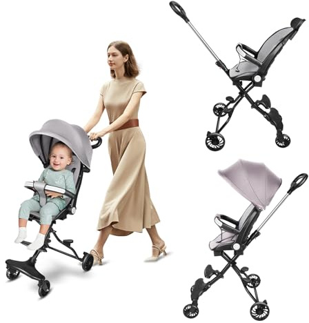 Homewell Fjäderlätt resevagn, vikbar, barnvagn, liggfunktion, platt liggposition, kompakt buggy med markis, upp till 30 kg