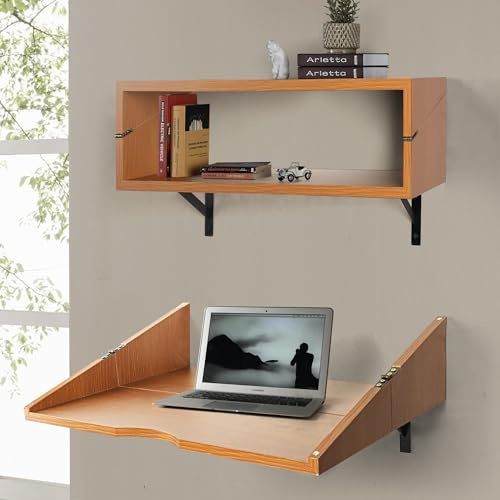 Escritorio de pared compacto para espacios pequeños, escritorio plegable montado en la pared, mesa de oficina flotante, mesa plegable de pared que ahorra espacio, mesita de noche flotante marrón para