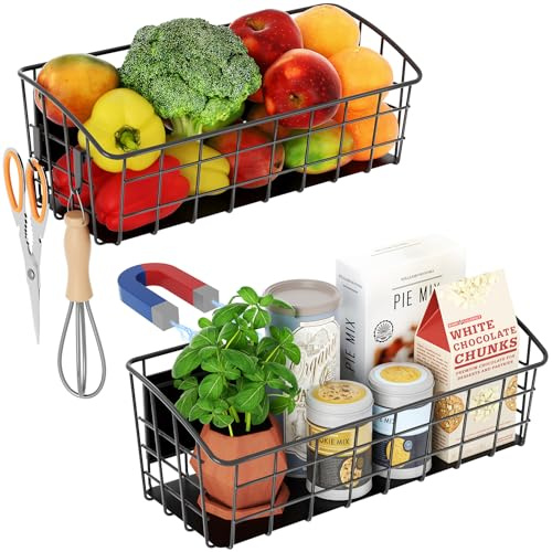 Magnetic Shelf for Refrigerator 2-Pack, Strong Magnetic Spice Rack with Removable Hooks for Kitchen Storage, Fruit Potato Onion Storage Shelves, Large Magnetic Basket Organizer for Fridge Oven Laundry