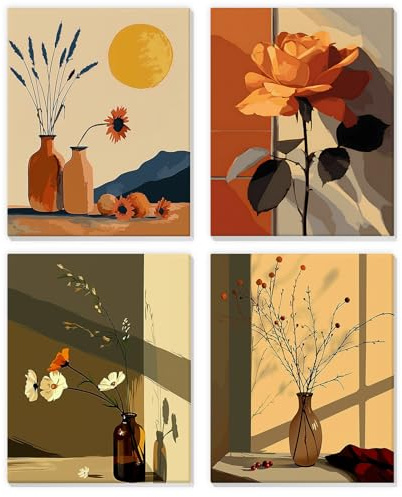4 Pack Pintar por Numeros Niños Adultos con Marco, Flores en un jarrón, DIY Cuadros para Pintar por Números, Flor en el alféizar de la ventana, Pintura Acrilica Cuadro Artesanías de Arte, 20x25cm