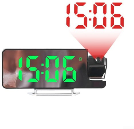 DAZZLEEX Reloj despertador digital de proyección con pantalla de temperatura, proyector multiángulo ajustable para techo o pared, formato de hora de 12/24 horas, pantalla LED verde, exterior (luz