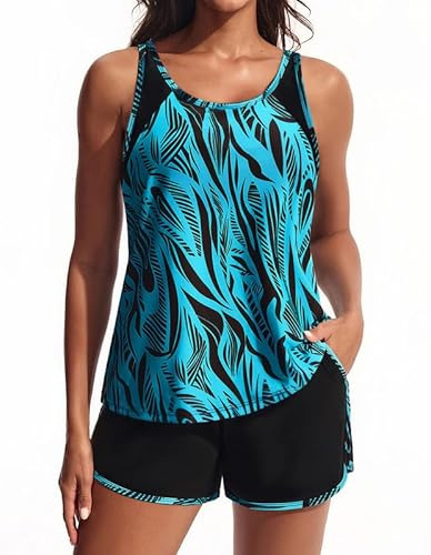Hanna Nikole Tankini da donna, set costume da bagno modellante, due pezzi, push up, reggiseno integrato e mutandine incorporate, vita alta, pantaloncini da bagno con tasche, costume da bagno