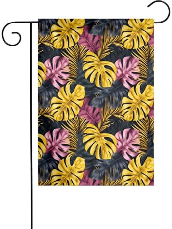 Monstera - Bandera de jardín con hojas de palmera, color amarillo y rosa, 30 x 45 cm, vertical de doble cara, decoración de casa de campo, decoración exterior, bandera de patio
