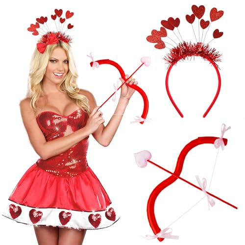 AIZHAZHA Amor Kostüm Damen Zubehör Set, 2 Stück Amor Pfeil und Bogen mit Herz Haarreif, Stirnband Haarschmuck, Haarband Geschenk Cosplay Dekoration für Valentinstag Karneval Halloween Motto Party