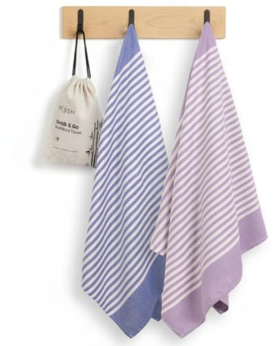 Mush Grab & Go Bamboo Travel Towel | 100% Bamboo Bath Towel for Beach, Hiking & Gym Towel for Men Workout | Quick Dry & Compact Towels with Travel Bag | 60x120 cms, 250GSM | Pack of 2 (Lavender & Navy