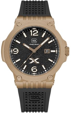 GLOCK Orologio da uomo al quarzo, cassa da 43 mm, orologio da polso con cassa in acciaio inox Coyote, quadrante nero, cinturino in silicone nero, 10 ATM, GW-43-4-24