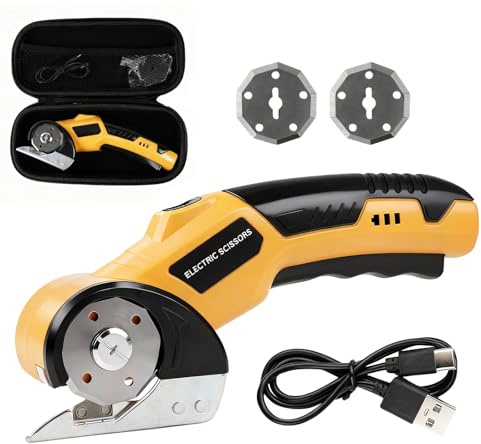 Cordless Electric Scissors, Cardboard Cutter 4.2V, 2000mAh Rechargeable Fabric Scissor 230 RPM, 6mm Cutting Depth with 2 Blades, Safety Lock, LED Light, USB for Carton Carpet Plastic Fabric Leather