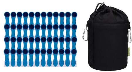 48 Softgrip Wäscheklammern Set blau mit Canvas-Wäscheklammerbeutel schwarz, robuster Baumwollbeutel mit Karabiner & Kordelzug, waschbar