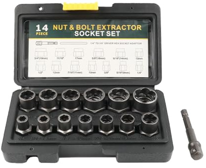 Crozgan 14Pcs Bolt Extractor Set, 3/8 Drive Rounded Fastener Removal Tools, Impact Grade Nut Remover for Frozen, Rusted, Stripped Bolts, Nuts and Studs