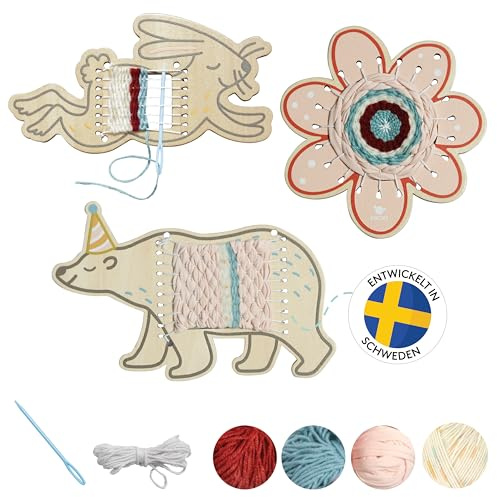 Micki Webrahmen für Kinder, Bastelset Kindergeburtstag, aus Holz, 3 Figuren | Webrahmen Kinder (Bär, Hase und Blume), Holzwebrahmen mit stumpfer Nadel und 4 Garnen, DIY Set Kinder, Webstuhl, 5x230x150 mm