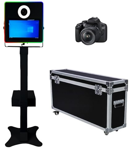 Photomaton portable avec écran tactile de 15,6 pouces, appareil photo reflex numérique avec étui de transport pour fête de mariage, location de mariage (noir, cabine photo + caméra)