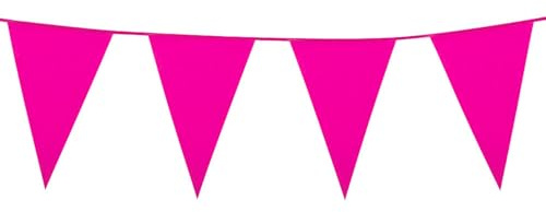 Guirnalda de banderines de plástico rosa, 10 m, banderines grandes de 20 x 30 cm, guirnalda impermeable para interior y exterior, resistente al desgarro y reutilizable, decoración para fiestas de