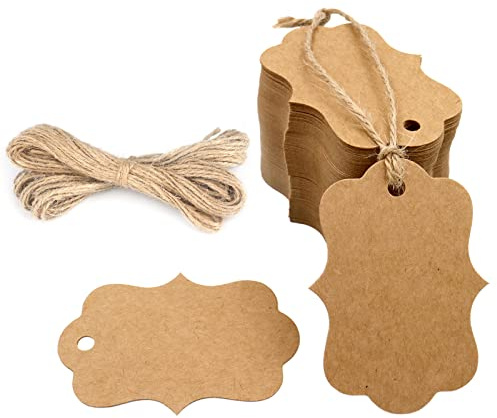 G2PLUS Blank Gift Tags with String, 100PCS Kraft Paper Hang Tags, 2.8x2 in Brown Hanging Price Tag, Wedding Favors Tag for Gift Wrapping, DIY Arts & Crafts, Christmas, Merchandise