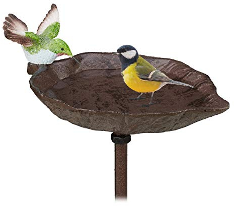 Relaxdays Gusseisen Vogeltränke zum Stecken, mit Erdspieß, Gartendeko, Vogelfutterstelle, Wasserschale, 1 m hoch, braun