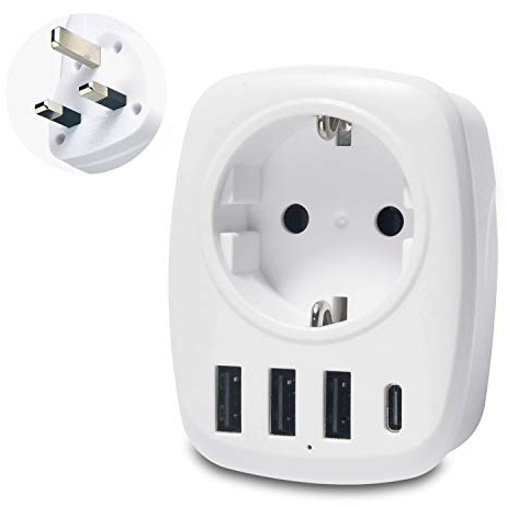 Unidapt reseadapter Sverige, EU till UK, England adapter med 3 USB,1 typ C port - Ladda 5 enheter samtidigt, för Typ G uttag, Storbritannien, Irland mm