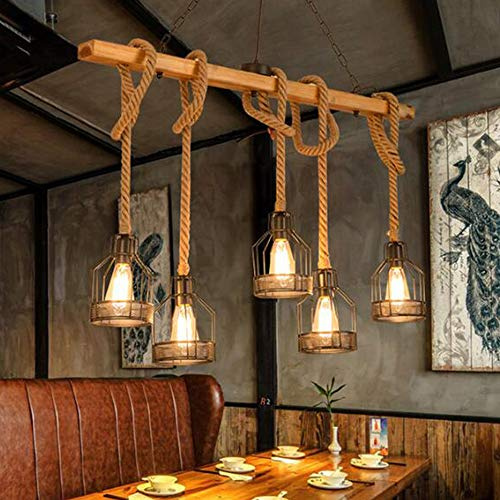 Retro Seilleuchte Vintage Esstischlampe E27 Pendelleuchte Kronleuchter Rustikal Hanfseil Pendellampe Runde Hängend Eisen Käfig Hängelampe Handgewebt Deckenlampe Wohnzimmer Beleuchtung 5 Lichter