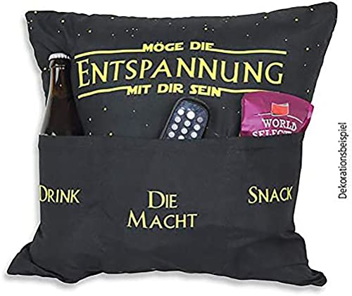 KAMACA Originelles Dekokissen Kissen MÖGE DIE ENTSPANNUNG MIT DIR Sein mit 3 Taschen zum selber Befüllen Größe 43x43 cm tolles Geschenk für EIN gelungenen Sofaabend Filmabend (Entspannung)
