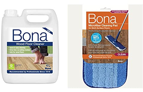 Bona Wood Floor Cleaner Liquid Refill - 4 Litre Refill Bottle & Microfibre Cleaning Pad, for Wood and Hard-Surface Floors, fits Family of Mops, 1 Count (Pack of 1)