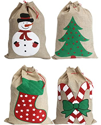 Conjunto de 4 bolsas de Navidad - Bolsas de regalo medianas con cordón de 35x50cm - Bolsas reutilizables para regalos y decoración. 4 diseños (muñeco de nieve, árbol, botas, bastón de caramelo).