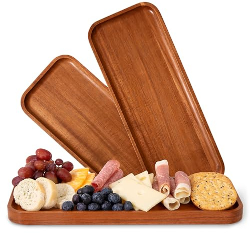 Solid Acacia Wood Serving Trays (14 x 5.5 inches) Rectangular Wooden Large Serving Platters for Food, Wooden Platter for Charcuterie, Appetizer Serving Tray, Wood Cheese Board (Set of 3 Plates)