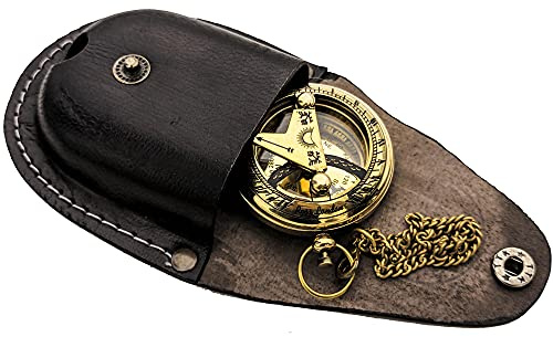 Sonnenuhr-Kompass aus Messing, mit Lederetui und Kette, zum Öffnen des Kompasses, Steampunk-Accessoire, Taschen-Sonnenuhr-Kompass, handgefertigtes Geschenk