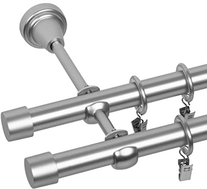 RENA Gardinenstange Vorhangstange 2-läufig - 19 mm - aus Metall - Lautlose Rollen - Komplettset - Chrom Matt 160cm |Luna