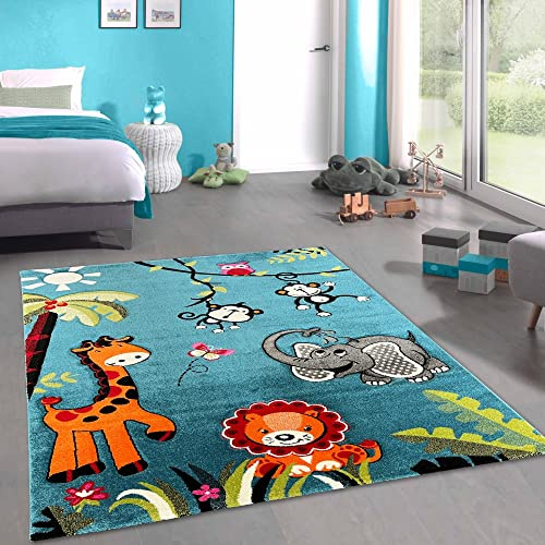 CARPETIA Zootier-Teppich für Kinderzimmer mit 3D-Effekt Konturenschnitt in blau-bunt Größe 160 x 230 cm