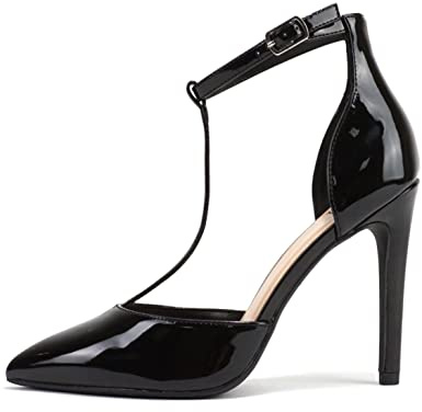 Delicious “ANYA” ~ Women Pointed Toe Closed Back Counter T-Strap Stiletto High Heel Pump Shoe (Black Patent, us_Footwear_Size_System, Adult, Women, Numeric, Medium, Numeric_10)