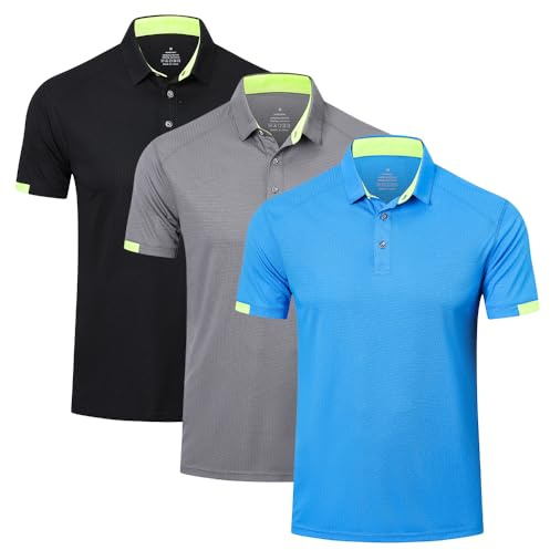 HUAKANG 3-pack pikétröja män kortärmad snabbtorkande ventilerande tennis pikétröja män sommar sport golf t-shirt, Svart grå blå, L