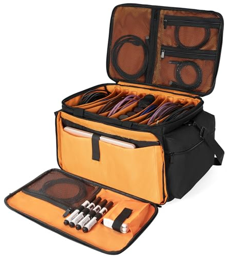 AKOZLIN Cable File Bag with Detachable Dividers, DJ Gig Bag Cord Organizer Case for Laptop,DJ Gear, Sound Instrument and Music Equipment Accessories Black Orange