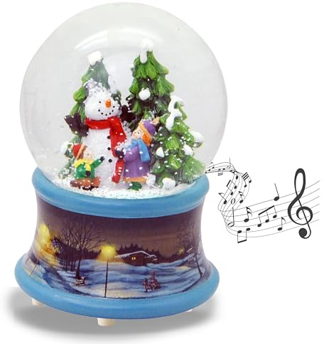 Schneekugel Kinder Bauen Schneemann auf Sockel nostalgische Eisläufer blau Weihnachten Winter mit Spieluhr - 100mm breit * 20204