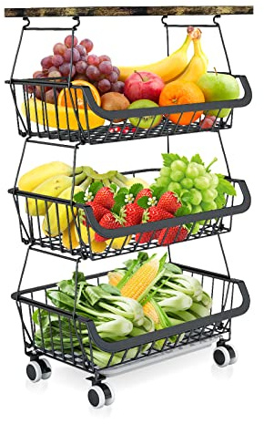 HUOLE 3 Niveles Fruteros de Cocina con Ruedas, Cesta de Almacenamiento de Metal con Patas Antideslizantes, para Almacenamiento de Frutas y Verduras-40 * 30 * 72cm (Negro)
