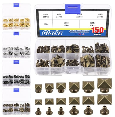 Glarks 150Pcs Bronze Spike Niete, 6mm 7mm 8mm 9mm 10mm 12mm Pyramide Schnelle Nieten Studs Quadratische Punk Spikes Lederhandwerk Dekoration für Kleidung Gürtel Taschen Schuhe