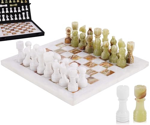 MARBLE RANGE Jeu d'échecs en marbre Fait Main, 30 cm, Blanc et Vert, avec boîte, pièces et 2 pions. Jeu de Voyage élégant pour Adultes, idéal comme Cadeau ou Objet de décoration