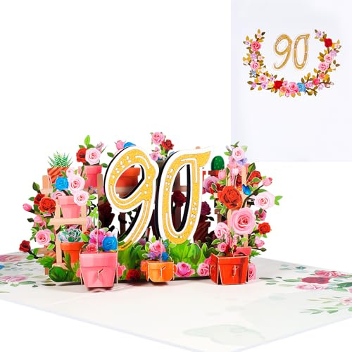Pop-Up Karte 90. Geburtstag,3D Blumen 90 Jahre Geburtstagskarte für Mütter,Großmütter und Frauen,Romantische Jahrestagskarte