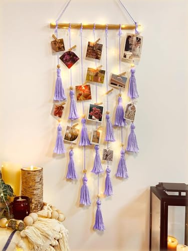 Fotos Aufhängen zum Aufhängen, Bildhalter mit 30 Clips für die Schlafzimmerwand, Organizer Foto Collage Wand Galerieaufhänger mit LED-Lichterkette, Raumdekoration, Geschenke für Mädchen (Violett)