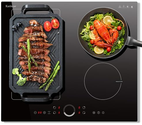 Karinear Piano Cottura a Induzione 4 Fuochi, 7200W Piano Cottura Elettrico Incasso Doppia Zona Flexi di Toccare, 60cm Premium Piastra a Induzione Cablaggio, Timer, Booster, Blocco di Sicurezza