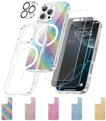 Meifigno Custodia trasparente progettata per iPhone 16 Pro, anti-ingiallimento, compatibile con MagSafe, [2 pellicole protettive, 1 pellicola protettiva per fotocamera, 5 carte glitterate, trasparente