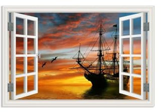 RXNHGJDS Fensterblick Bilder auf Leinwand,Rote Sonnenuntergang-Seeboot-Möwe,Leinwandbild Sonnenuntergang Wandbilder Fensterblick Offenes Fenster Ansicht Bild120x80cm(47x31in) Rahmenlos