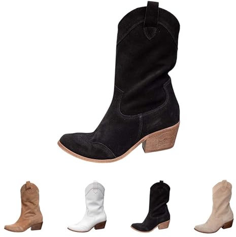 Camperos Texani Donna Invernali Western Stivaletti a Metà Polpaccio Stivali Donna Alti con Tacco Scarponcini Tacco Medio Stivali Western da Donna Tronchetti Cerniera a Punta Stivaletto