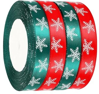 Werownsgso 4 Rollen Weihnachts-Schneeflocken-Bänder, 25 Yard Grün Rot Weihnachtsbänder,10mm Breit Geschenkband Dekoband für Weihnachten, Geschenk Verpackung, Hochzeit, Party