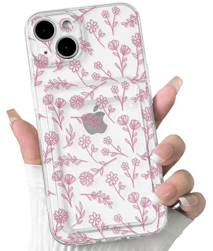 NITITOP Compatible with iPhone 14 Plus Case Clear with Card Holder Cute Flower Floral Leave Pattern for Women Girl Soft TPU Shock-absorbing Wallet Case Protective Phone Cover - Pink