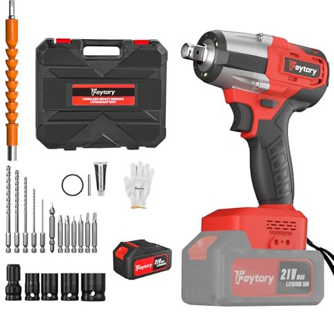 Chiave a impatto senza fili Brushless 1/2 pollici, coppia 420 N.m, avvitatore a urto elettrico con batterie e caricabatterie, 4 prese e 12 punte per auto e casa, rosso