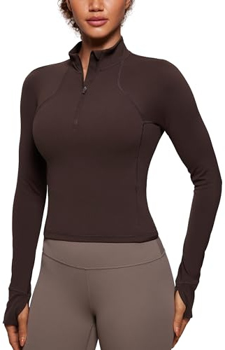 CRZ YOGA Femmes Butterluxe à Manches Longues 1/2 Fermeture Éclair Pullover Athlétique Recadré Hauts avec Trous pour Les Pouces Brun au Fudge Chaud 38
